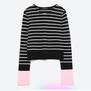 Zara Knit Black/White Striped Long Sleeve Sweater w/Wide Pink Cuffs- Size Small
